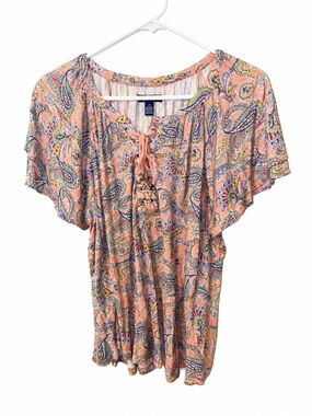 Chaps Short Sleeve Blouse Coral Paisley Lace-Up Western Women’s Large multicolor
